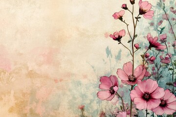 Floral painting showcases pink cosmos flowers on a textured background