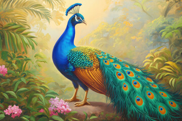 Fototapeta premium Majestic peacock showing its colorful feathers in lush jungle