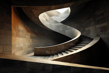 Curved spiral staircase in contemporary architecture with sunlit patterns