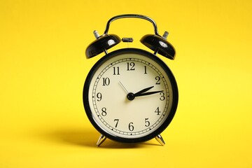 One black alarm clock on yellow background