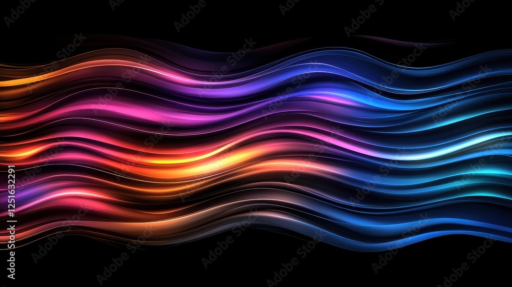 Poster vibrant abstract digital glitch texture with fluid waves in high-tech colorful hues and dynamic patt