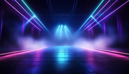 dark stage shows blue and purple background an empty dark scene laser beams neon spotlights reflection on the asphalt floor studio room with smoke floating up for display products