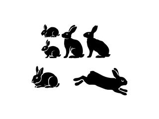 Rabbit set, vector  black and white rabbits silhouettes, of rabbits in different poses, set against a pure white background. Rabbit silhouettes vector illustration design set.