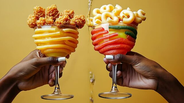 Colorful cocktails with fried snacks held by hands against a vibrant backdrop