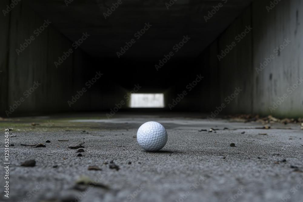 Poster dynamic close-up of a bouncing golf ball on concrete surface in urban environment with sharp artific
