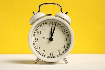 One alarm clock on white wooden table against yellow background