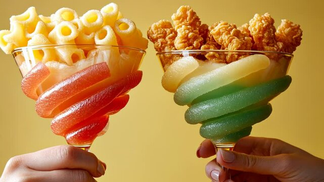 Colorful dessert cocktails with spiral candies and popcorn on yellow