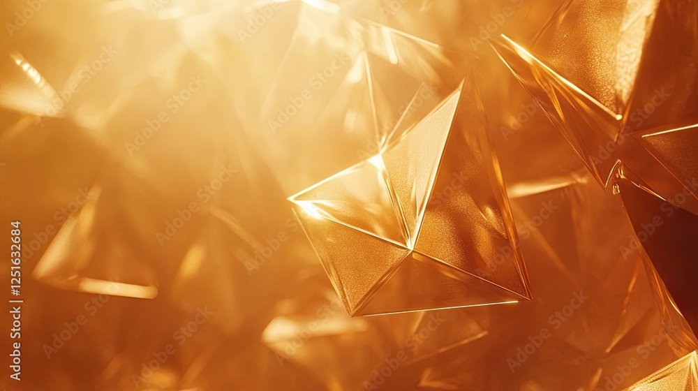 Poster warm-toned abstract background featuring triangles and polygon folds in golden light. 3d effect with