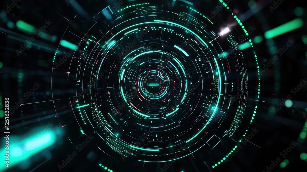Poster neon green glowing dots pattern radiating in cyberpunk style with futuristic elements and technology