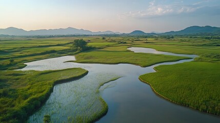 Lush green landscape with winding river, serene natural beauty, ideal for nature enthusiasts and peaceful retreats.