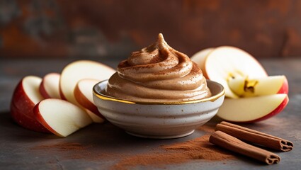 Toasted almond butter with cinnamon and vanilla, served in a ceramic bowl with apple slices, set against a rustic background.