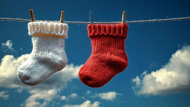 Cozy knitted socks hanging on a line against a bright blue sky