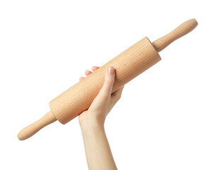 Woman with rolling pin on white background, closeup