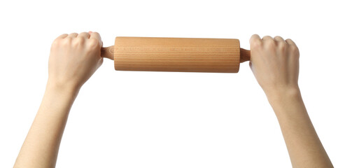 Woman with rolling pin on white background, closeup