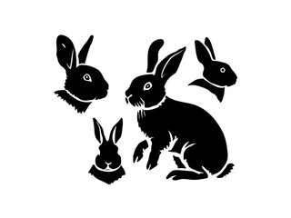 Rabbit set, vector  black and white rabbits silhouettes, of rabbits in different poses, set against a pure white background. Rabbit silhouettes vector illustration design set.