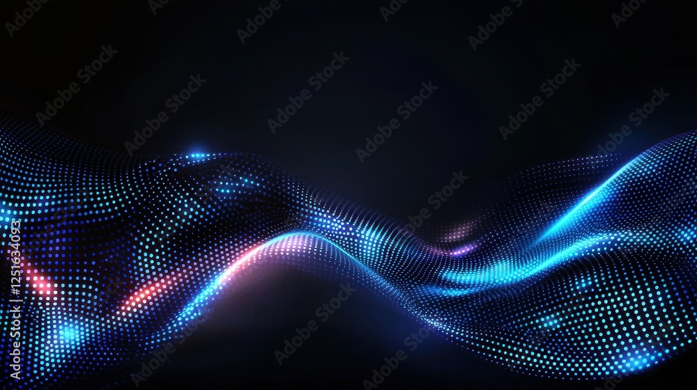 Poster futuristic digital background with sleek blue dots creating waves and patterns in a dark environment