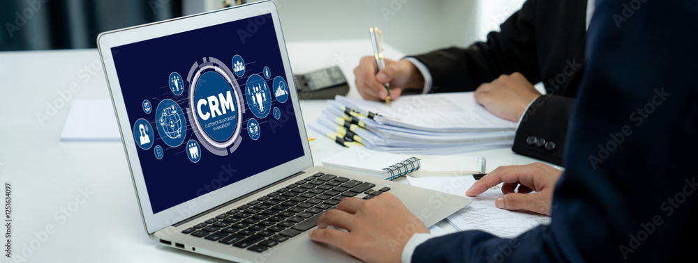 Poster customer relationship management system on brisk computer for crm business and enterprise