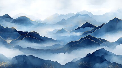 Abstract Watercolor Misty Mountains with Gold Accents