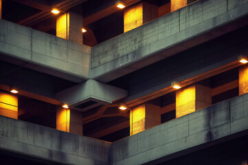 Illuminated urban parking structure with concrete architecture at night
