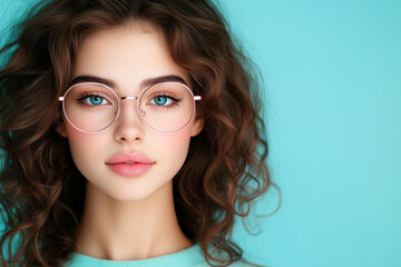 Obraz premium Portrait of a confident young woman with curly hair and round eyeglasses, showcasing modern eyewear style against a vibrant turquoise backdrop