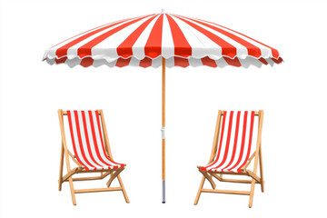 Beach umbrella with red and white stripes next to two deck chairs, isolated on a white background, in a flat lay composition.	

