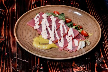 Tuna Tataki on elegant plate- Food top down angle studio art for social media promotional commercial usage, great marketing material for dinning restaurant