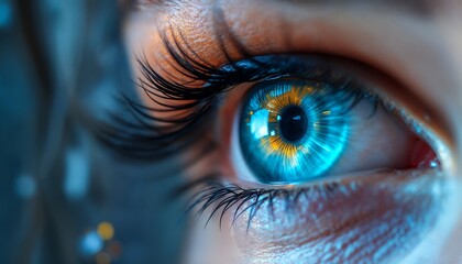 Fototapeta premium Close-up of Striking Blue Human Eye with Long Eyelashes Detail