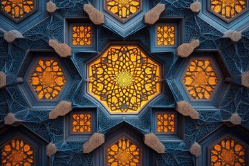 Ornate octagonal pattern with geometric designs in blue and glowing orange segments