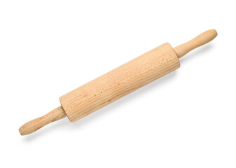 Wooden rolling pin isolated on white, top view
