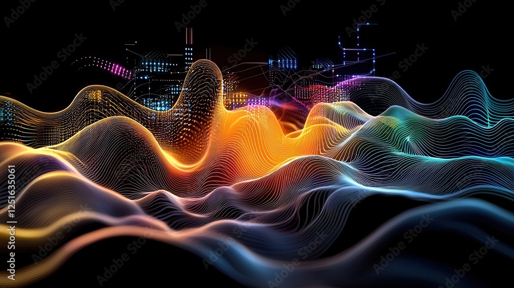 Poster surreal digital waves flowing with glitches and errors in a vibrant cosmic landscape of colorful pat