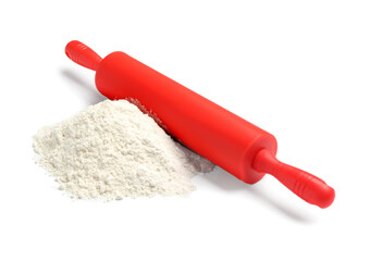 Red rolling pin and flour isolated on white