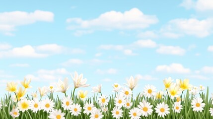 Fototapeta premium Daisies and Yellow Flowers in Grassy Field under Blue Cloudy Sky Scenery.