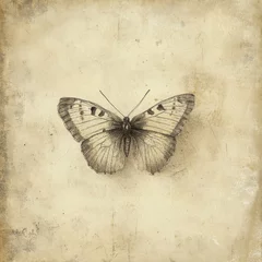A detailed butterfly with spotted wings is centered on parchment