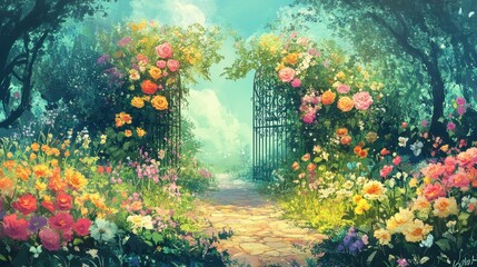 Beautiful fantasy garden gate laden with blooming flowers and foliage