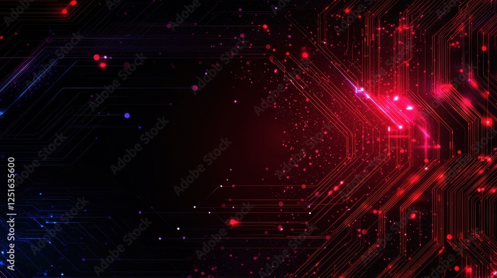 Poster vibrant red digital background with glowing dots and circuit patterns for imaginative tech designs
