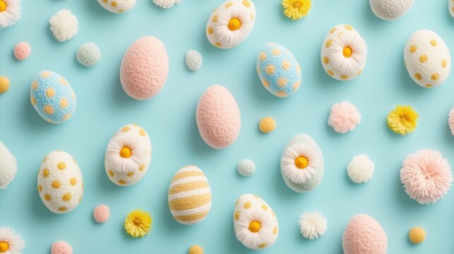 Colorful felted Easter eggs and flowers arranged in a seamless pattern for spring celebrations