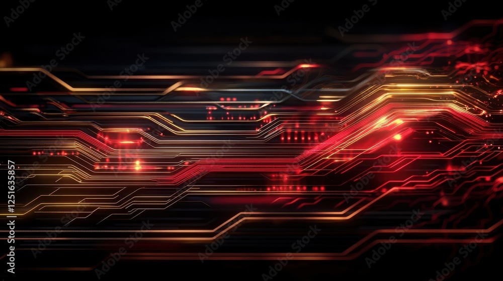 Poster warm glitch texture in deep red and golden tones with dynamic lines and patterns