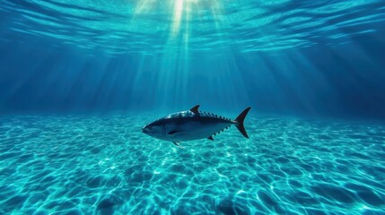 Obraz premium Tuna swimming underwater, sunlit ocean floor, marine life