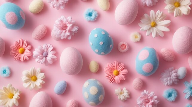 Colorful felted Easter eggs and flowers in pastel hues create a vibrant seamless pattern - Powered by Adobe