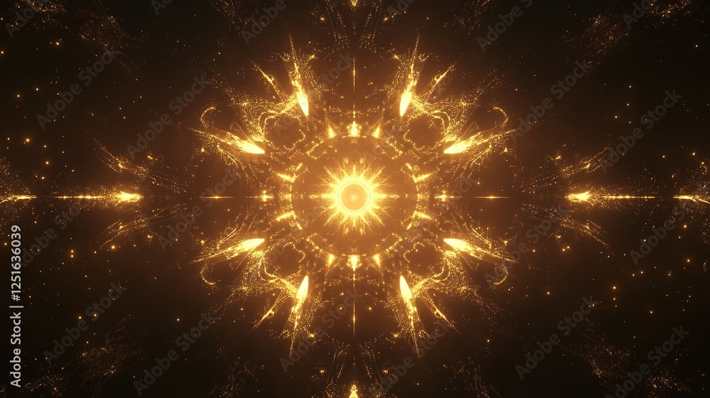 Poster golden fractal pattern with symmetrical radiating design against a dark background