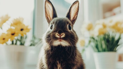 Dark Brown Rabbit Portrait Staring Directly Into Camera With Yellow Flowers In Background.