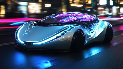 Sleek futuristic vehicle streaks through vibrant city streets at twilight
