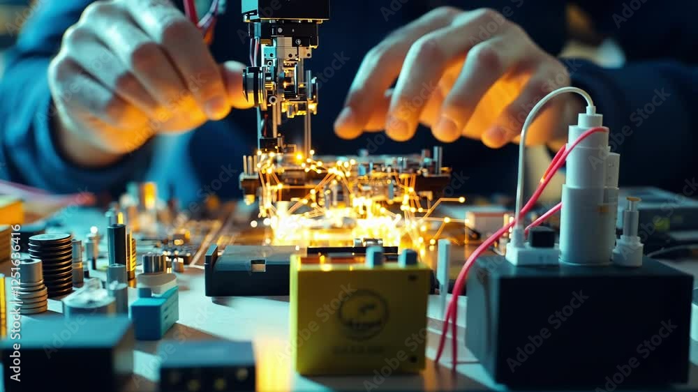 Poster electronic engineer uses a precision robotic arm to carefully assemble a modern microchip onto a com