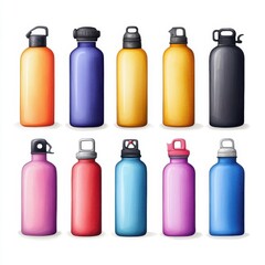 Colorful Collection of Reusable Water Bottles in Various Shapes and Sizes Ideal for Eco-Friendly Lifestyle