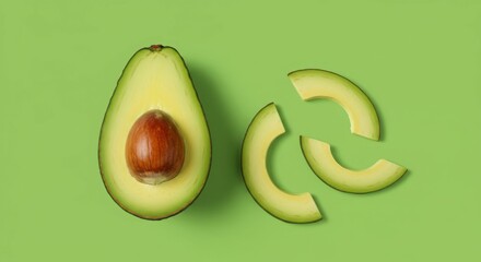 Fresh sliced avocado on a green background