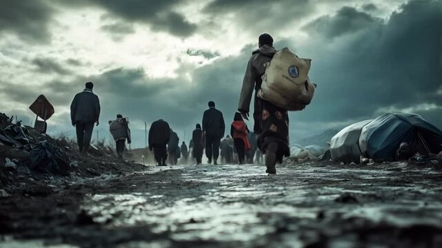 Scene of refugees on the move in a disaster, seamless repeating motion for background video animation