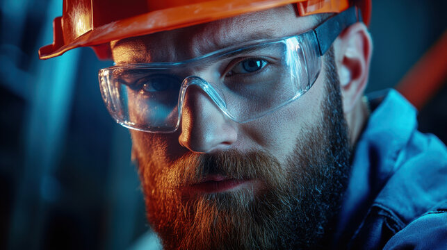 A bearded man wearing safety glasses and an orange hard hat intensely focuses on his work in a dimly lit industrial environment - Powered by Adobe