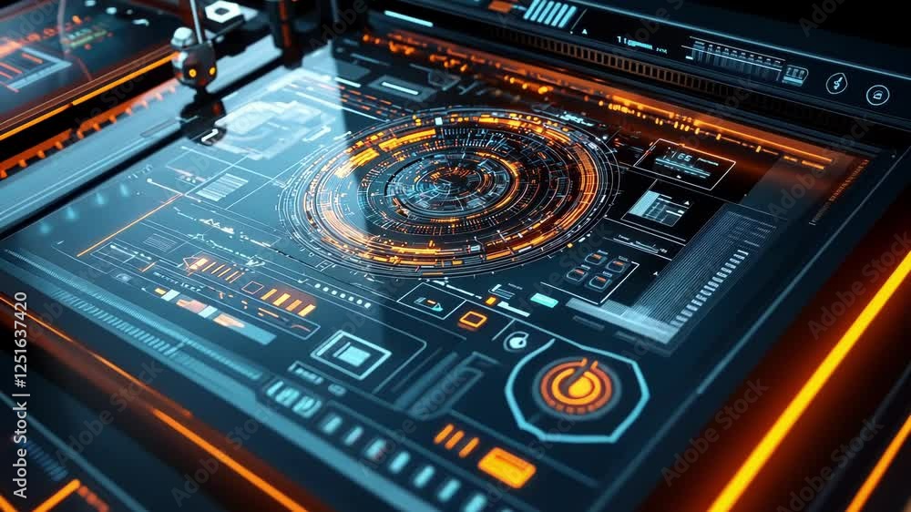 Poster orange and blue futuristic head up display - hud - featuring a rotating circular user interface, sur