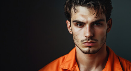 Obraz premium Man with short, messy hair is dressed in an orange prison uniform, displaying a serious expression against a dark backdrop