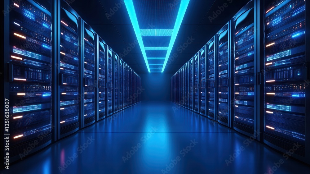 Poster illuminated server room with rows of network servers and cool blue lighting